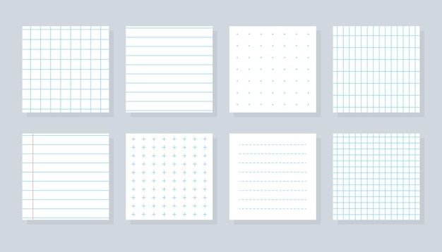 파란색 줄 지어 교차 점선 및 격자 패턴 학교 노트북 종이 고립 된 벡터 일러스트와 함께 평평한 다른 종이 시트 제곱 템플릿 체크 무늬 또는 라인 시트 카피 북 표지 세트