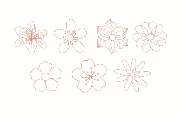 Набор плоских икон весенних цветов в силуэте, изолированном на белом
