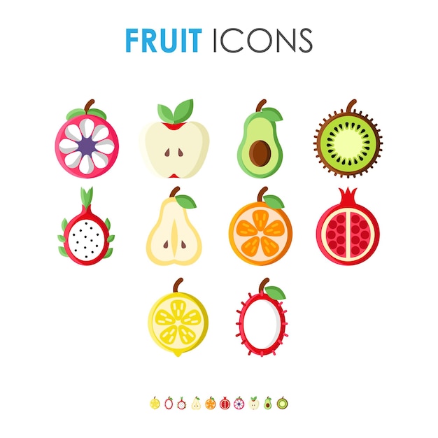 Вектор Набор плоских иллюстраций различных фруктов иконки здоровые и натуральные натуральные продукты питания