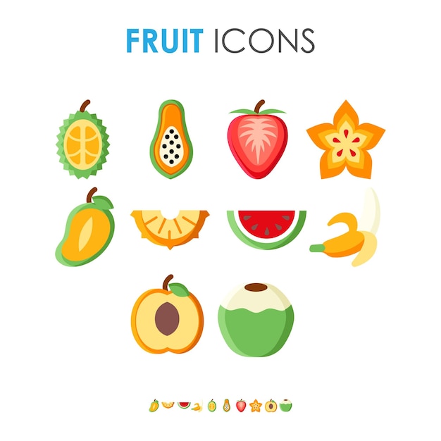 Набор плоских иллюстраций различных фруктов иконки здоровые и натуральные натуральные продукты питания
