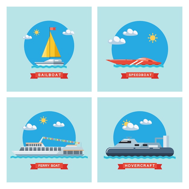 Набор иконок плоский парусник, паром, катер и судно на воздушной подушке. морской транспорт.