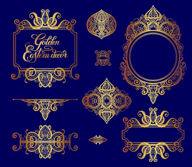 벡터 결혼식을 위한 꽃무늬 황금 동부 장식 프레임 요소 페이즐리 패턴 컬렉션 세트