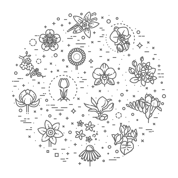 Вектор Набор цветочных иконок в плоском стиле тонкая линия