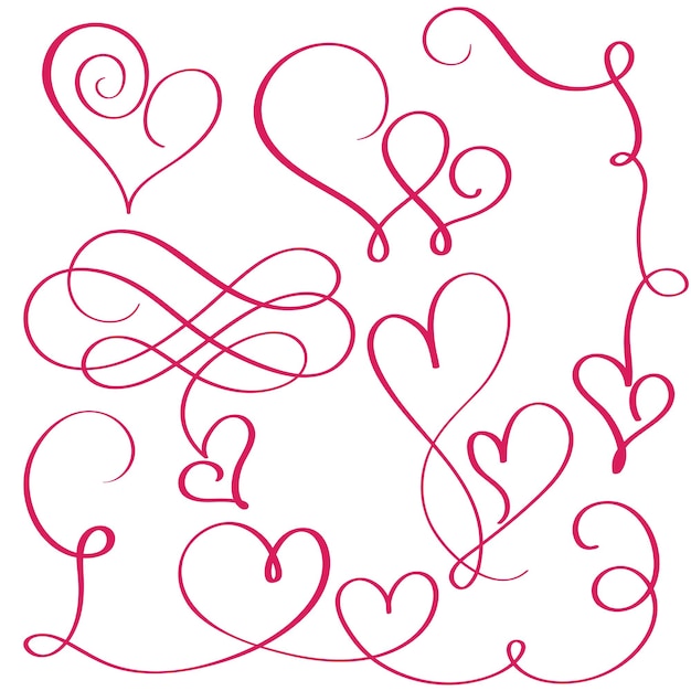 Набор процветающих каллиграфических винтажных сердец иллюстрация вектора, нарисованного вручную eps 10
