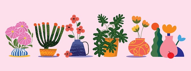 ベクトル さまざまな形のベクトル図を持つポット花瓶の花や植物のセット