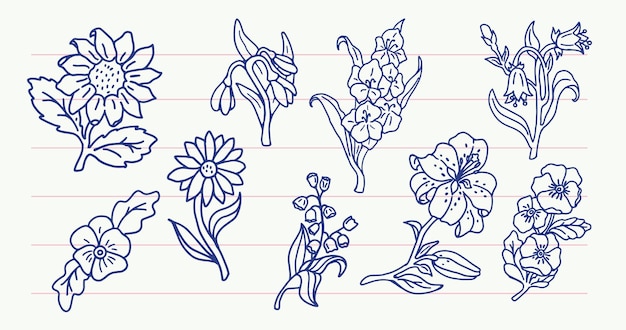 落書きスタイルの花のセット