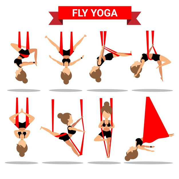 Вектор Набор позиций fly yoga дизайн