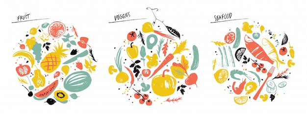 ベクトル 食品オブジェクトのセット：シーフード、野菜、果物