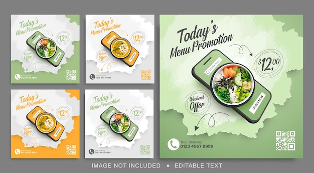 모바일 소셜 미디어 게시물의 음식 프로모션 세트