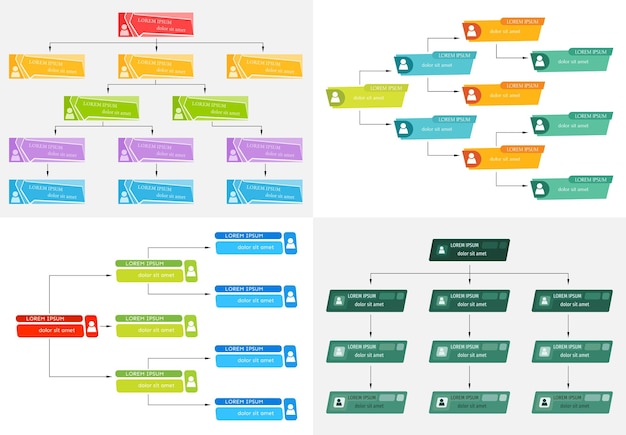 Набор из четырех красочных концепций бизнес-структуры схема корпоративной организации с иконками людей vector illustrationxa