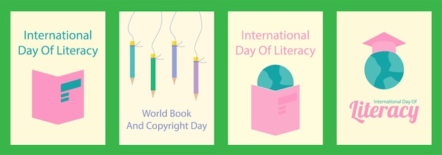 책과 세계 격리 벡터가 있는 국제 문맹 퇴치의 날을 위한 4개의 다채로운 엽서 세트