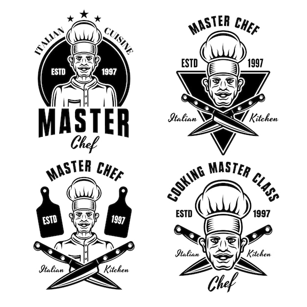 Набор из четырех кулинарных векторных эмблем, этикеток или логотипов с шеф-поваром в винтажном монохромном стиле на белом фоне