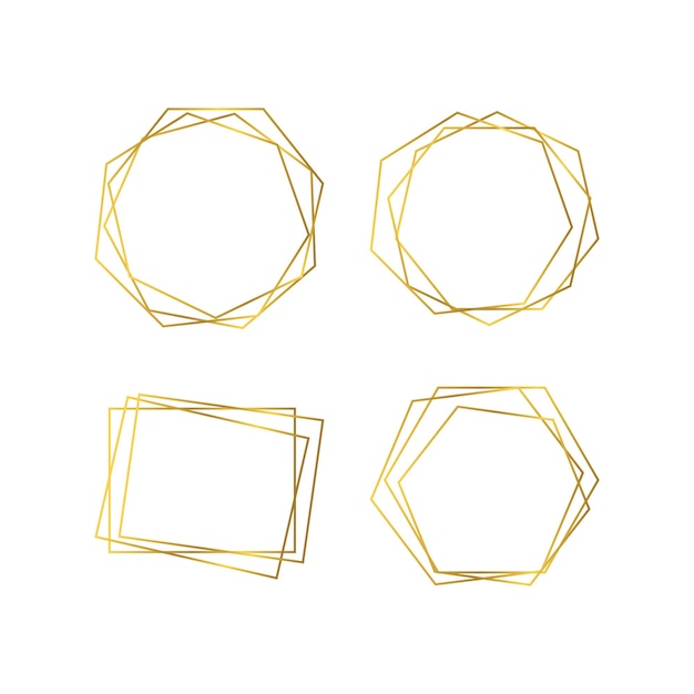 Вектор Набор из четырех золотых геометрических многоугольных рамок с блестящими эффектами на белом фоне. пустой светящийся фон арт-деко. векторная иллюстрация.