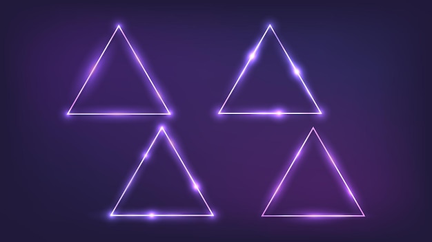 Набор из четырех неоновых треугольных рамок с блестящими эффектами на темном фоне