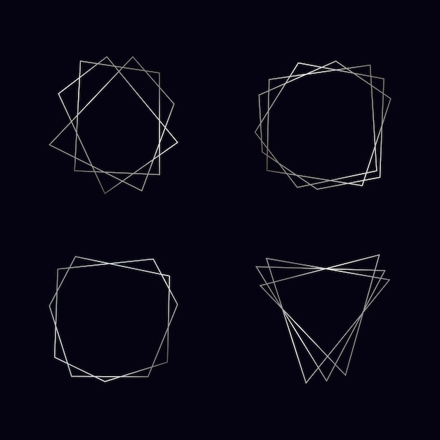 어두운 배경에 고립 된 빛나는 효과와 4 개의 은색 기하학적 다각형 프레임 세트 빈 빛나는 아트 데코 배경 벡터 일러스트 레이 션