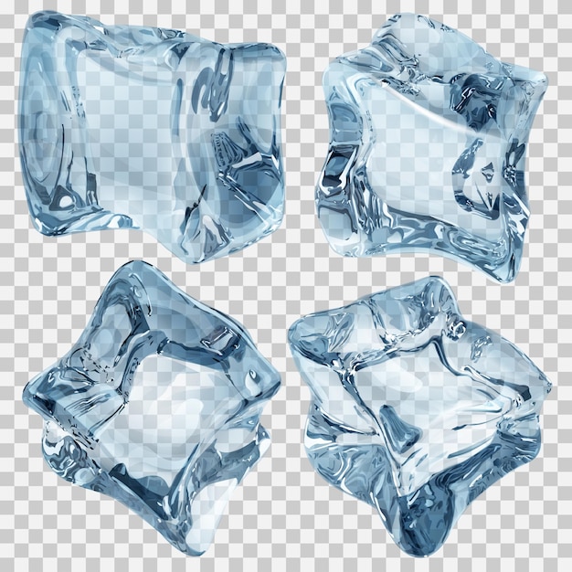 Набор из четырех прозрачных кубиков льда синего цвета прозрачность только в векторном файле