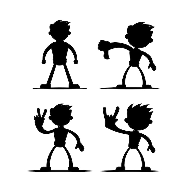 Набор из четырех векторных иллюстраций силуэтов мультяшного персонажа мальчика в различных жестах в черном, выделенном на белом фоне. том 3.