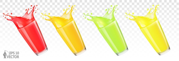 Вектор Набор свежего фруктового сока в стакане с брызгами и каплями 3d реалистичной векторной иллюстрации