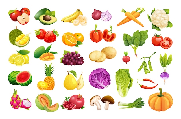 Набор векторных иллюстраций свежих фруктов и овощей