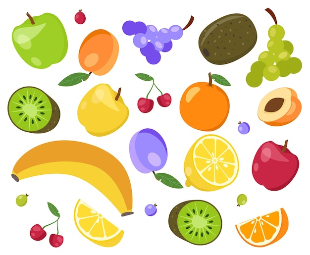 Вектор Набор фруктов натуральных и органических продуктов здоровое питание киви и бананов виноград и яблоко вегетарианский