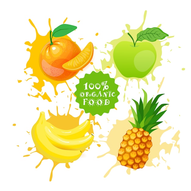 Вектор Набор фруктов над краской всплеск свежевыжатый сок логотип натуральные продукты питания фермерские продукты концепция