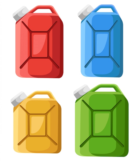 벡터 연료 용기 아이콘의 집합입니다. 연료 용기 jerrycan. 다채로운 가솔린 용기. 스타일. 흰색 배경에 그림