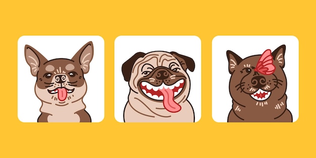 Набор забавных иконок собак различные типы собак аватар собаки векторная иллюстрация в мультяшном стиле