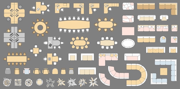 사무실 집 아파트 작업 공간 계획에 대한 가구 요소 평면도 세트 개체 키트 내부 아이콘의 다채로운 컬렉션 테이블 의자 소파 공장 인테리어 디자인 프로젝트에 대한 기호