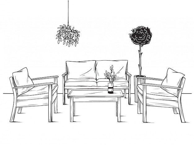 庭の家具のセット。植物の中でアームチェア、ソファ、テーブル。ベクトル図