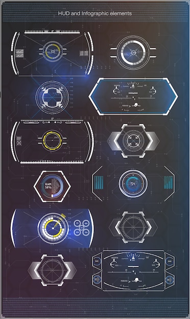 ヘッドアップディスプレイとして未来的な青いインフォグラフィックのセット。