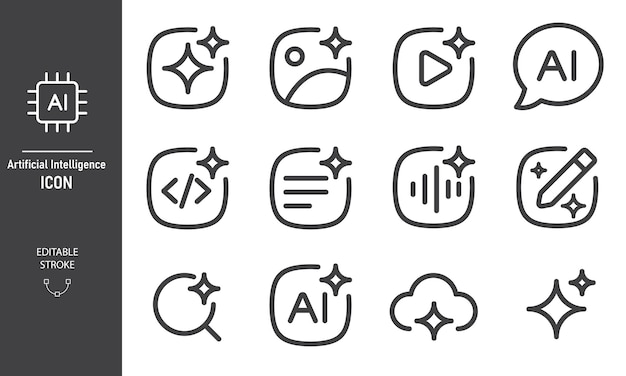 Set of Generative AI icons Artificial intelligence sign with sparkle stars symbol AI assistant chatbot Voice Image video and search Web user interface for UI UX design Vector editable stroke