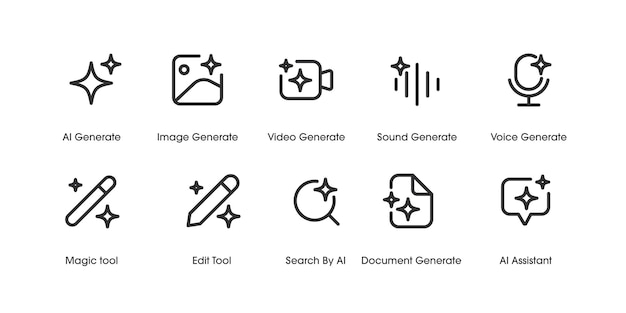 Set of Generative AI user interface AI star with media icon AI logotype Artificial intelligence technology concept Icon Element for website mobile app Vector illustration Editable stroke