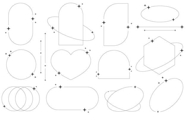 Вектор Набор геометрических эстетических абстрактных линейных рамок и фигур со звездами в стиле бохо-брутализм y2k