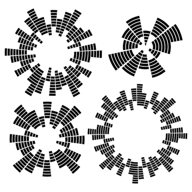 ベクトル 幾何学的な円形モノクロイコライザーのセット。 eqラウンドオーディオ音波。