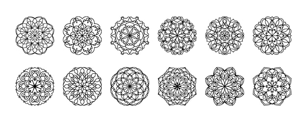 Набор иллюстраций цветочной мандалы геометрической линии. вектор черные цветочные мандалы, изолированные на белом фоне.