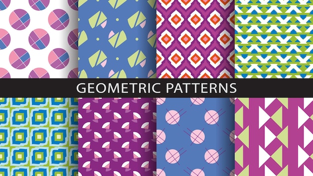 ベクトル 幾何学的なシームレスパターンのセット 様々な幾何学的要素の背景