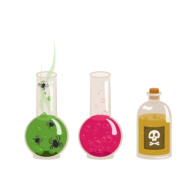 ベクトル 黄色の毒緑と赤の液体と泡の入ったガラス瓶のセット 頭蓋骨とクロスボーンのラベル