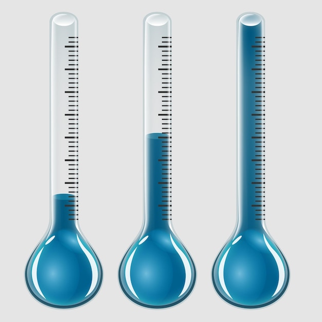 Набор стеклянных термометров, индикаторы температуры стеклянной посуды синего цвета и различных уровней на векторе прозрачного фона