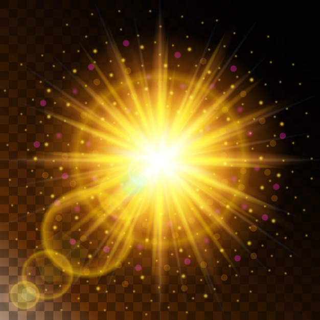 輝く光の効果の星、透明な背景の上で輝きと日光暖かい黄色の輝きのセット。