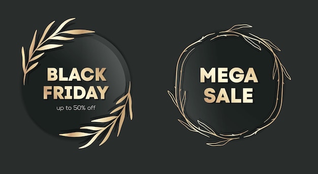 Набор этикеток gold black friday с листьями