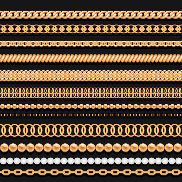 Вектор Набор золотых цепочек из бисера и канатов на черном