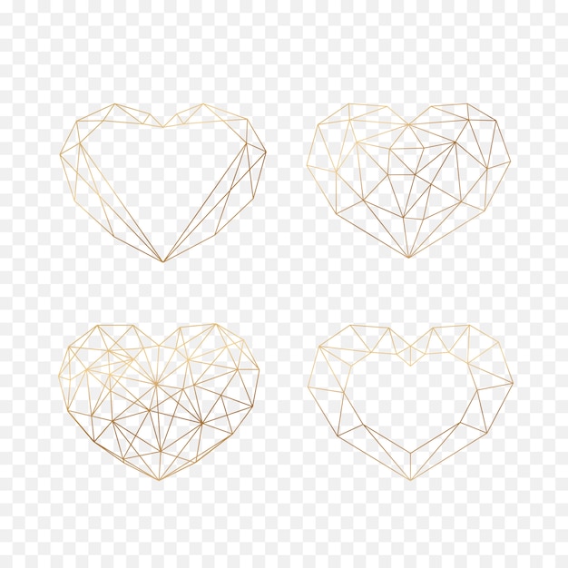 Вектор Набор золотых геометрических полигональных сердец. значки на белом фоне