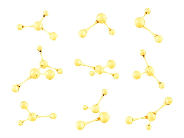 ベクトル ゴールドオイル分子のセット 3d抽象分子構造 美容科学 スキンケア分子概念