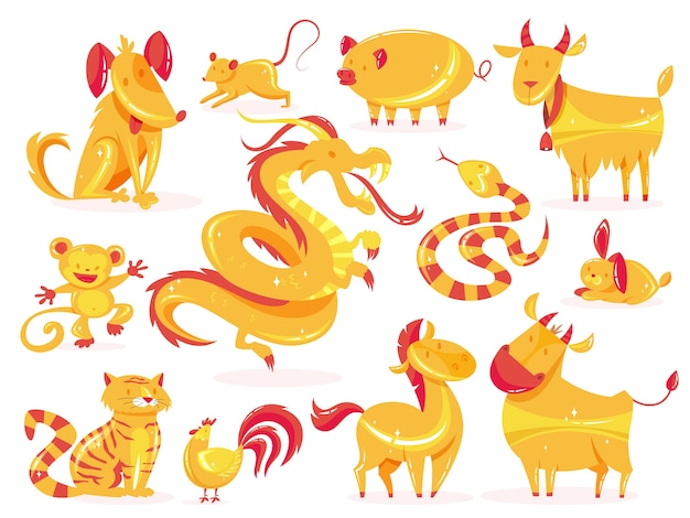 ベクトル 黄金の動物のセットです。中国のカレンダーの黄道帯の記号。