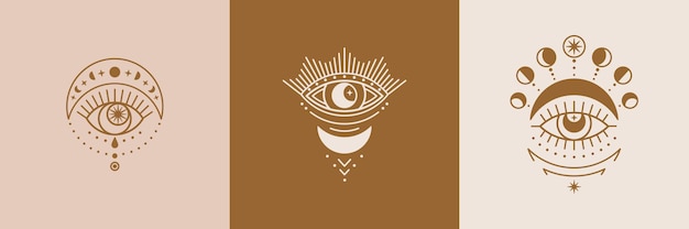 Набор золотых мистических глаз, солнца и луны иконок в трендовом минимальном линейном стиле. векторная изотерическая иллюстрация для принтов на футболках, постеров в стиле бохо, обложек, логотипов и татуировок.