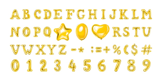 Вектор Набор золотых воздушных шаров номер и письмо. гелиевый шар в форме сердца и звезды.