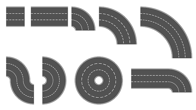 Набор серый участок дороги с тремя полосами, разделенными пунктирной линией, изолированные на белом дорожный конструктор клипарт