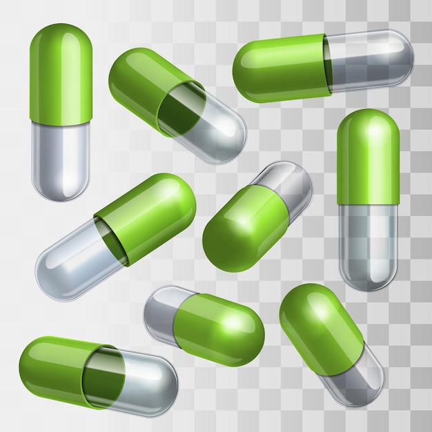 Набор зеленых и прозрачных медицинских капсул в разных позициях векторная иллюстрация