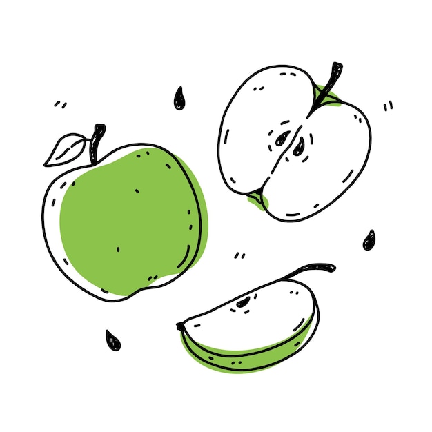 흰색 배경에 고립 된 녹색 사과 세트 유기농 건강 식품
