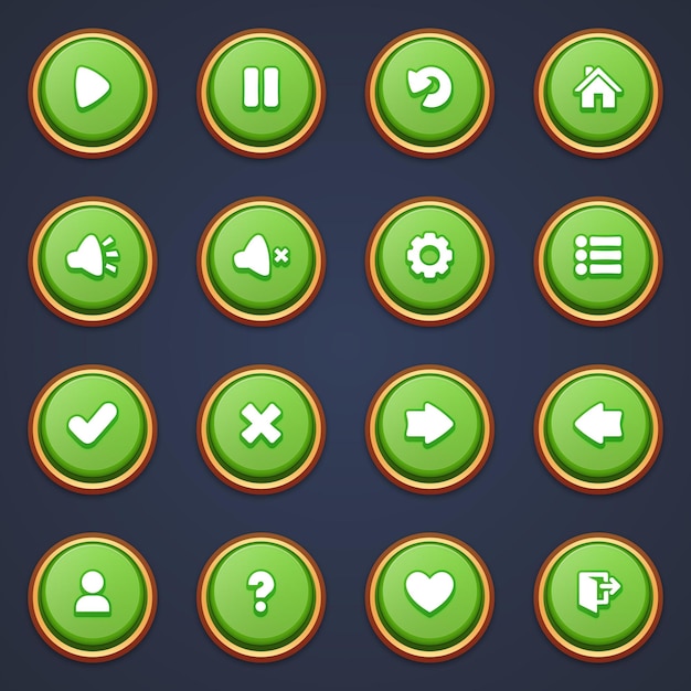 Вектор Набор зеленых кнопок для мобильных игр игровой интерфейс мультфильм ui кнопки набор игры ui кнопок комплект